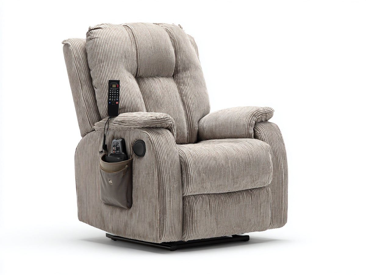 Liegesessel - Cord Stoffbezug 90 x 95 x 105 cm - Beige mit schwarzem Untergestell - Gepolsterter Relaxsessel mit Seitentasche und Bedienelementen