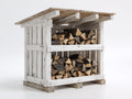 Kaminholzregal - Holzkonstruktion 120x55x155 cm - Weiß-Holzfarben - Rustikales Brennholzregal mit 2 Ablageebenen und Schutzdach