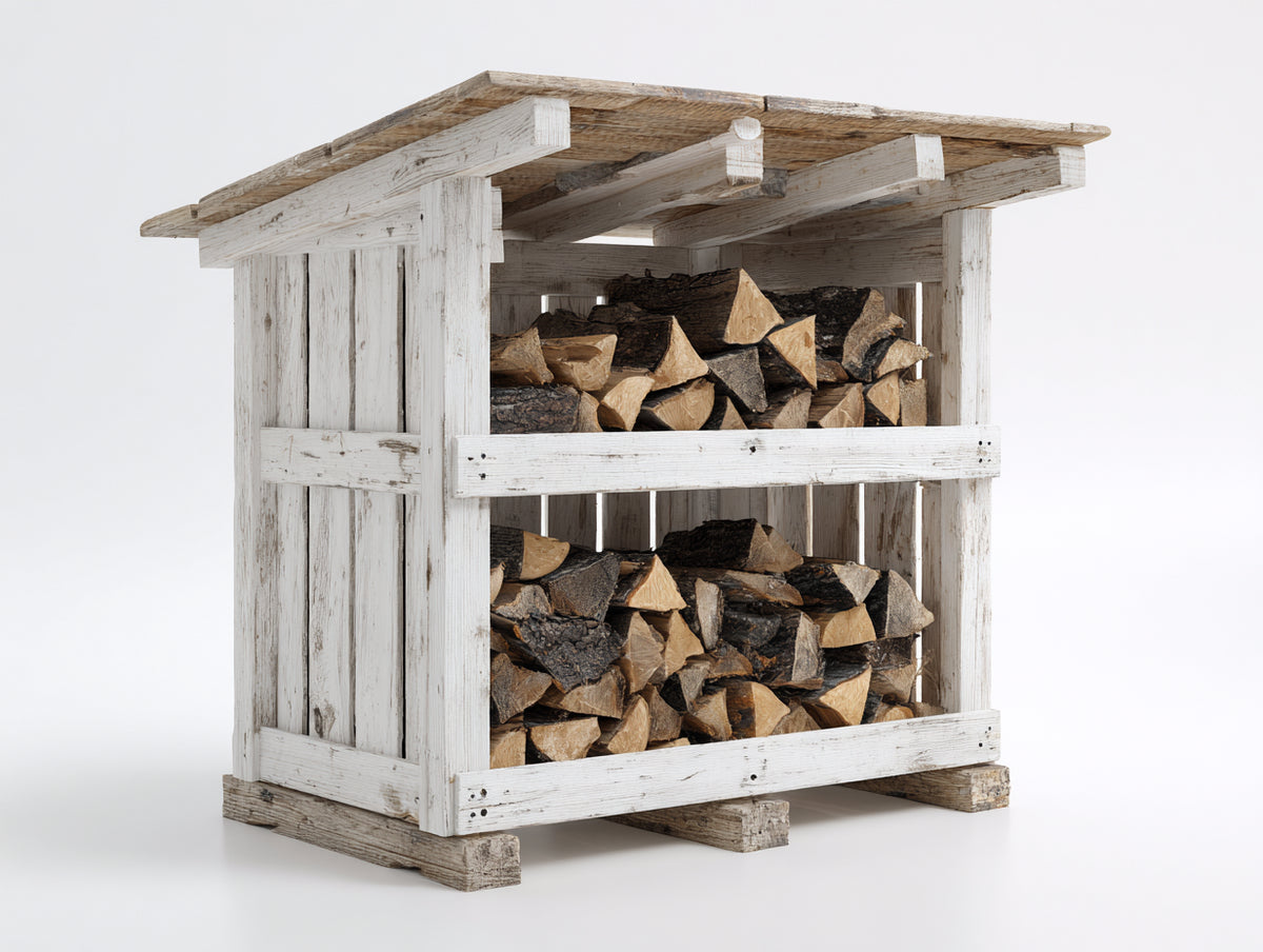 Kaminholzregal - Holzkonstruktion 120x55x155 cm - Weiß-Holzfarben - Rustikales Brennholzregal mit 2 Ablageebenen und Schutzdach