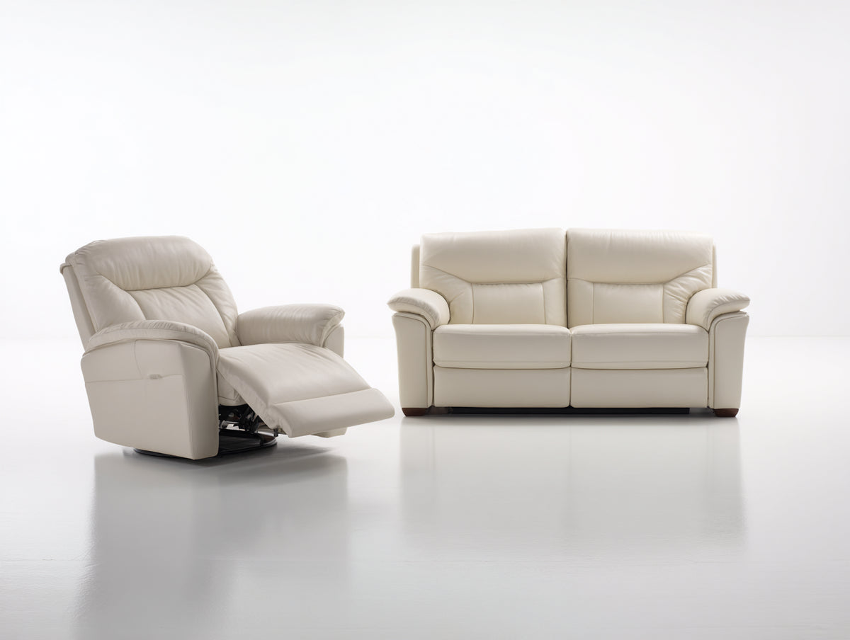 Relaxsofa Sets - 2 Sitzer Sofa und Relaxsessel 180 x 94 x 100 cm - Cremeweiß mit dunklem Untergestell - Gepolstertes Wohnzimmer Set mit Relaxfunktion