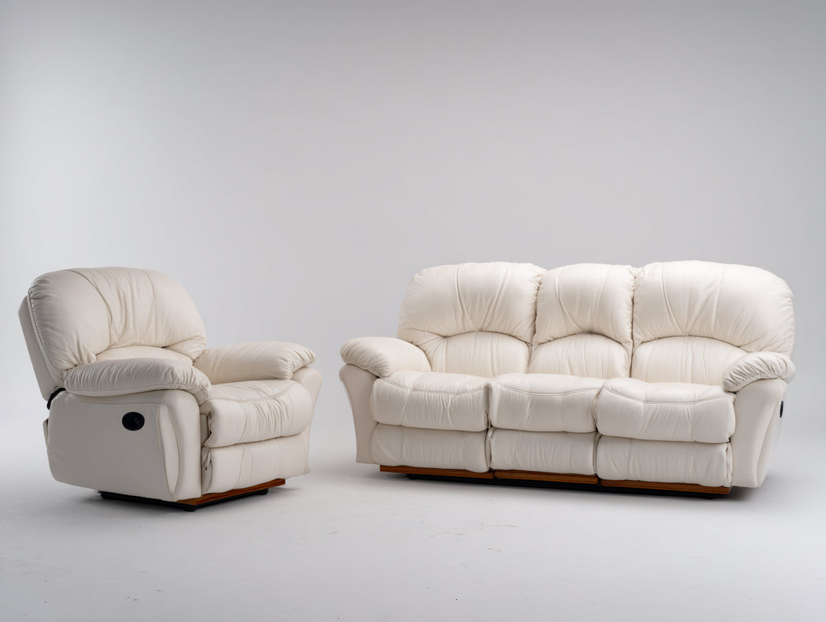 Relaxsofa Sets 2 teilig Lederbezug 205x95x105 cm - Creme - Relaxfunktion mit Fußstützen