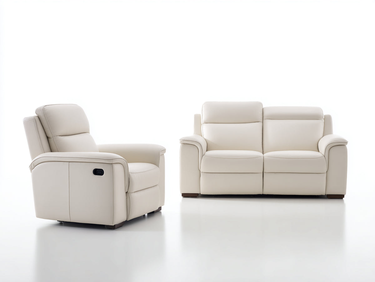 Relaxsofa Sets - 2 Sitzer Sofa und Relaxsessel 195 x 95 x 102 cm - Cremeweiß mit dunklen Holzfüßen - Gepolstertes Wohnzimmer Set mit Relaxfunktion
