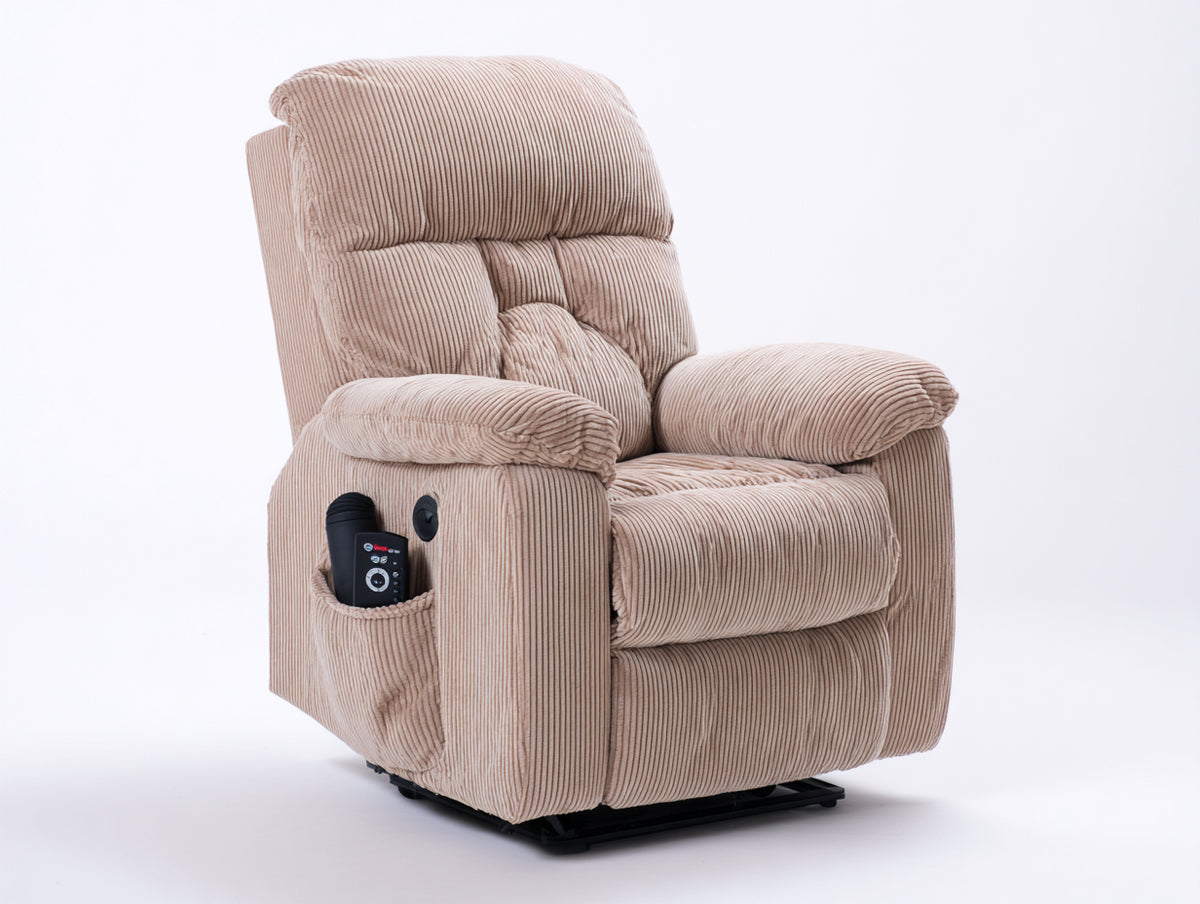 Liegesessel - Cord Stoffbezug 88 x 94 x 104 cm - Hellbeige mit schwarzem Untergestell - Gepolsterter Relaxsessel mit Seitentasche und Bedienelement