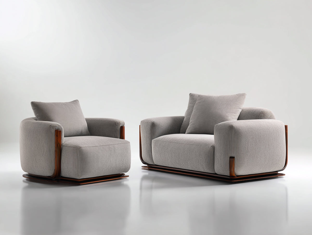 Relaxsofa Sets Strukturstoff 150 x 98 x 82 cm - 95 x 92 x 82 cm - Hellgrau-Nussbraun - 2 teiliges modernes Design