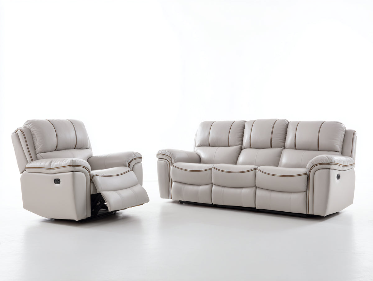 Relaxsofa Sets 2 teilig Lederbezug 210x96x105 cm - Creme - Elektrische Relaxfunktion mit Fußstützen