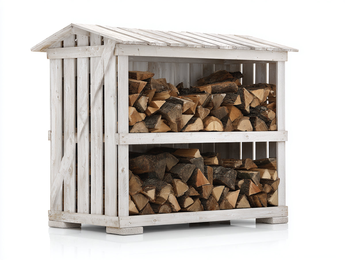 Kaminholzregal - Holz 120 x 60 x 150 cm - Weiß - Überdachtes Brennholzregal mit 2 Lagerfächern für Außenbereiche